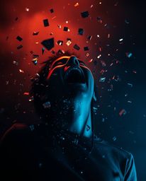 A surreal and visually striking scene unfolds: a person screams in anguish as the world around them dramatically dissolves in
