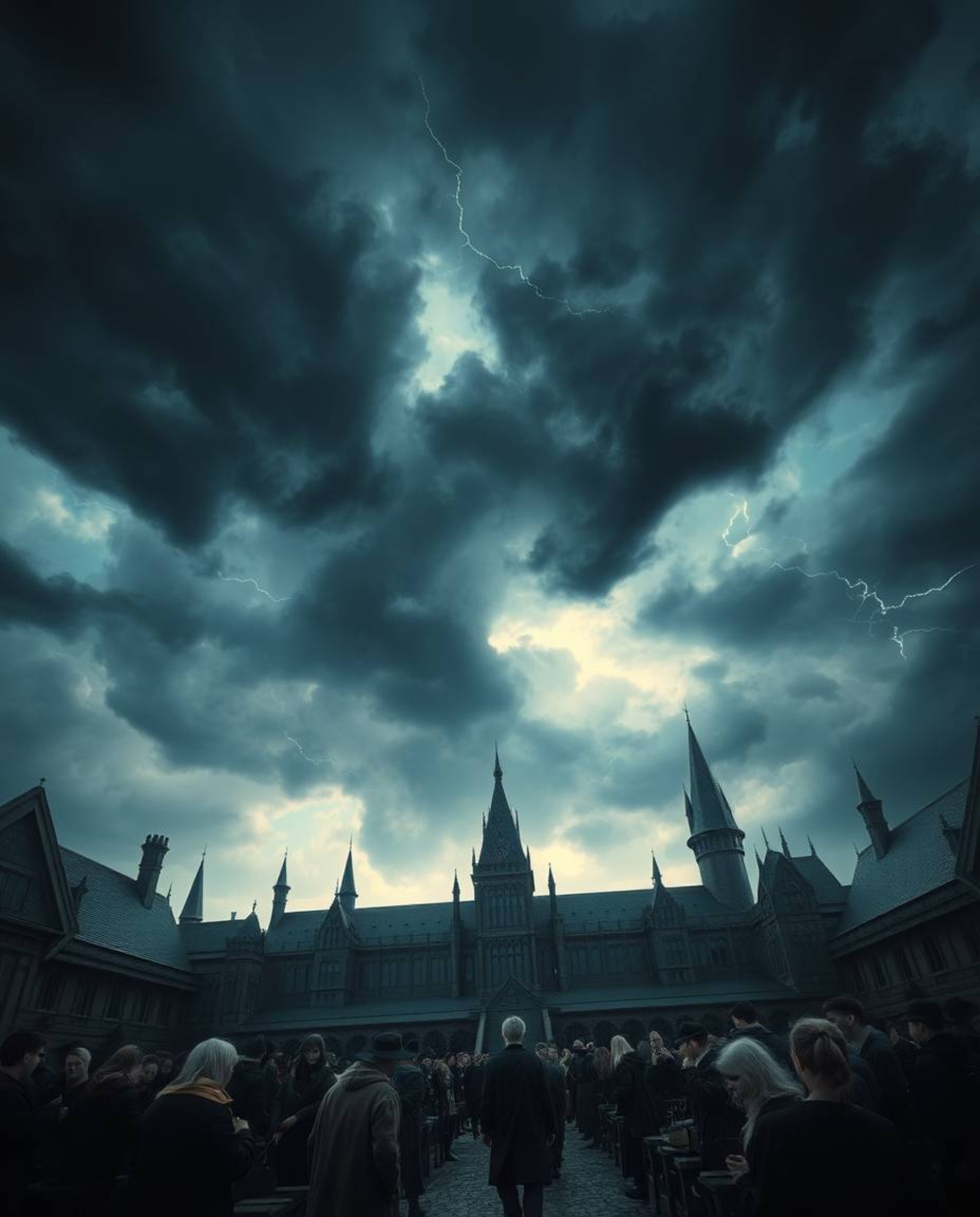 Discover a captivating scene of a magical school brimming with young wizards, set against a dramatic stormy sky.  The film-li