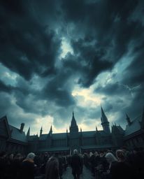 Discover a captivating scene of a magical school brimming with young wizards, set against a dramatic stormy sky.  The film-li