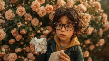 In a vibrant and warmly lit cinematic photo, a bright-eyed, bespectacled homeschooled genius with unruly curly hair nervously