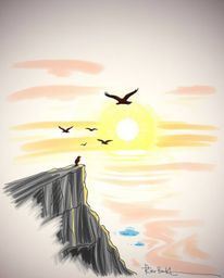 A hand-drawn color sketchnote captures a sunset over a coastal cliff with soaring birds. The artwork is enhanced by volumetri