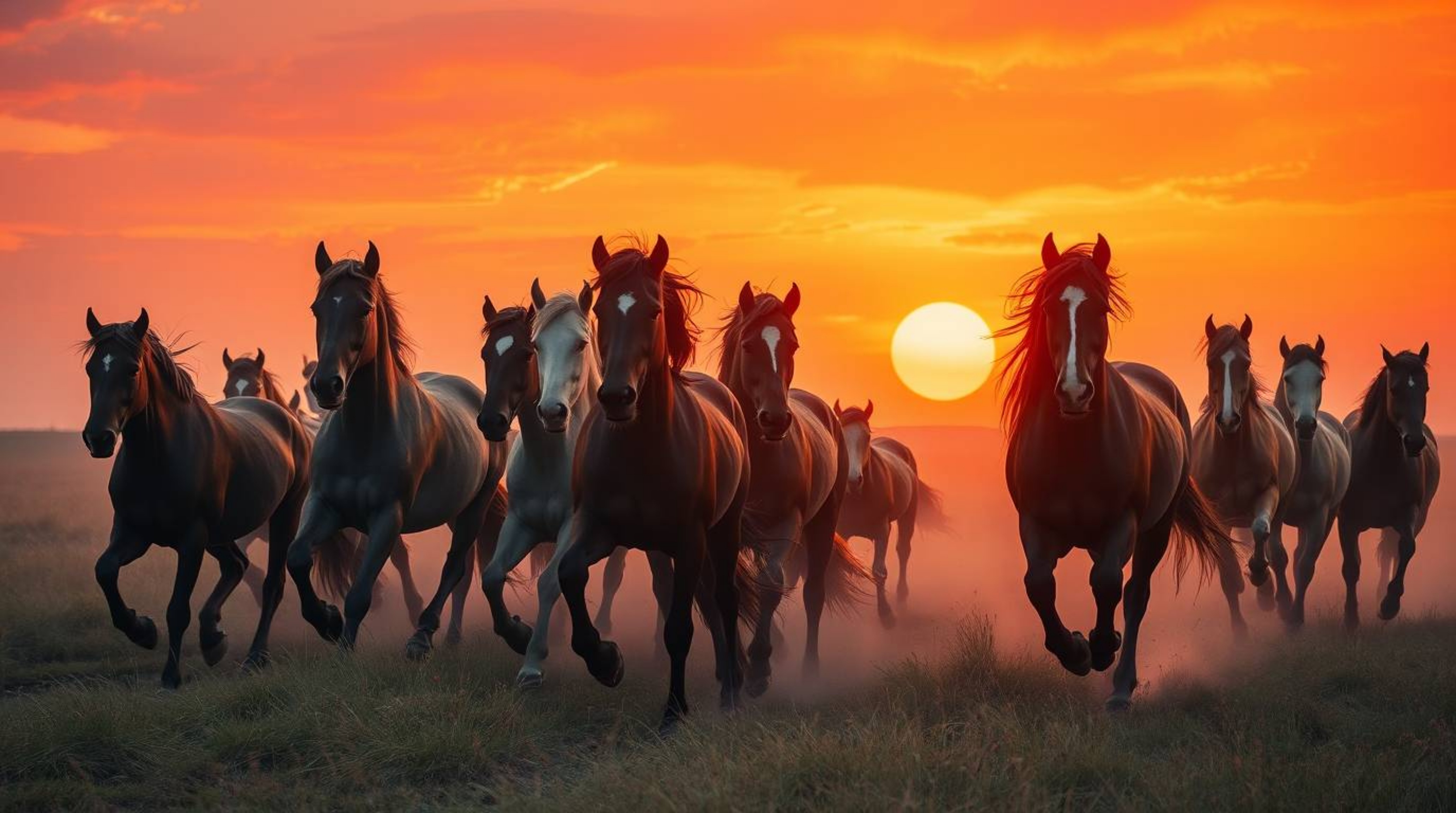 Capture the ethereal beauty of a herd of wild horses galloping beneath a radiant sky. Bathed in the warm hues of reds, orange