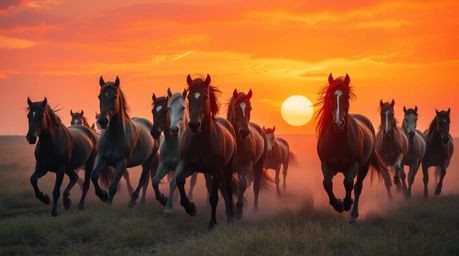 Capture the ethereal beauty of a herd of wild horses galloping beneath a radiant sky. Bathed in the warm hues of reds, orange