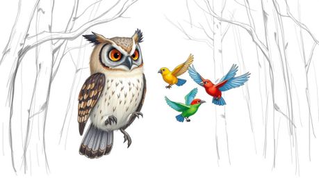 A captivating hand-drawn sketch in the style of Pixar depicts a blind owl patiently guiding several brightly colored birds in