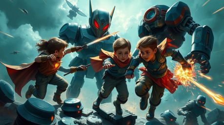 A captivating digital painting depicts three superpowered children locked in an intense battle against a formidable robot.  R