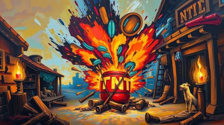 A bold acrylic painting captures a classic wild west scene of exploding TNT.  The artwork is rich with vibrant colors, expres