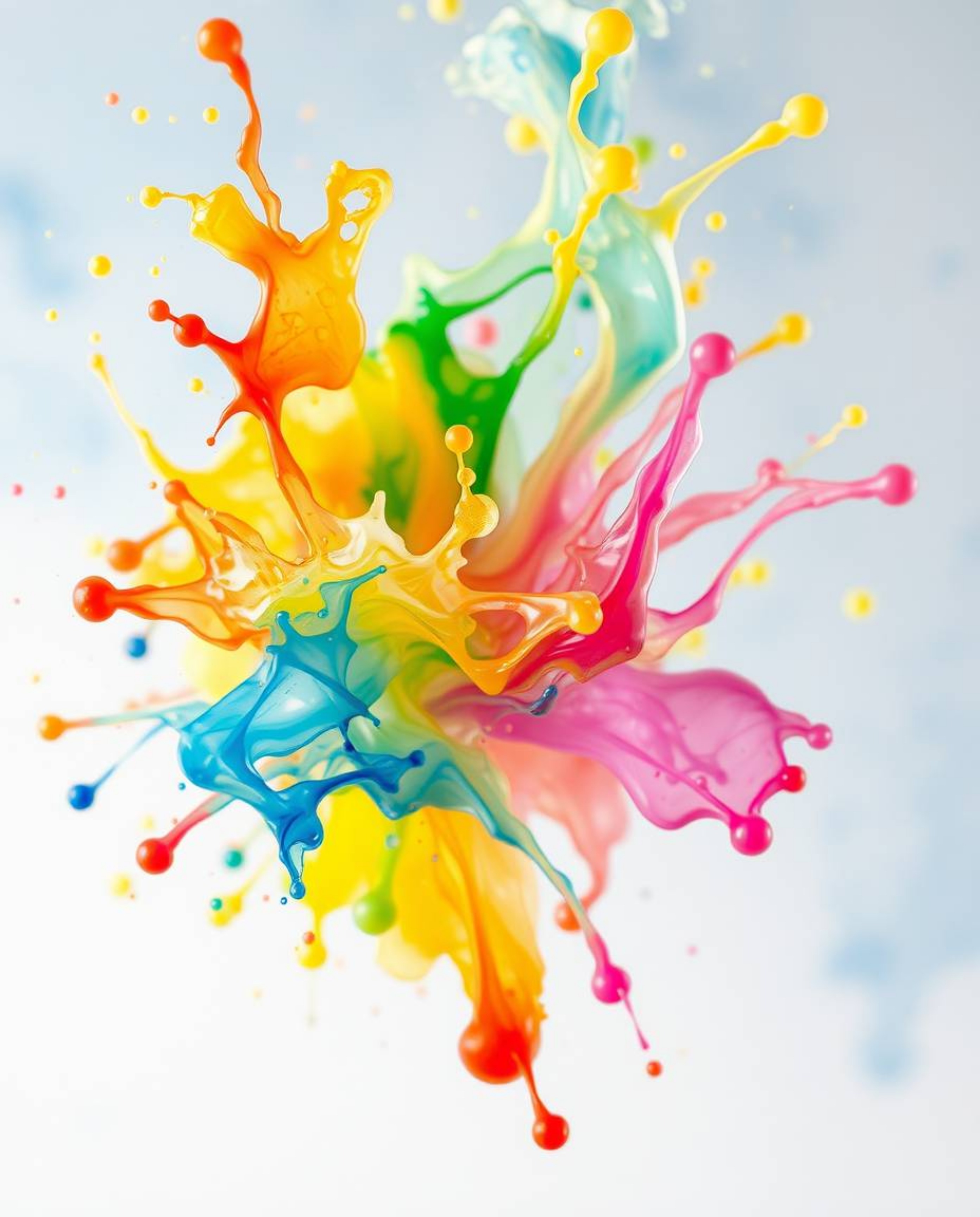 This artwork captures a delicate watercolor painting of a vibrant paint splash suspended in mid-air. The surreal effect is ac