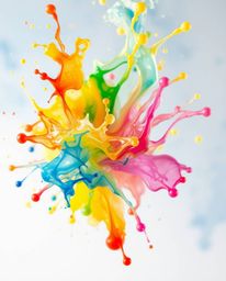 This artwork captures a delicate watercolor painting of a vibrant paint splash suspended in mid-air. The surreal effect is ac