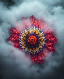 An extreme macro close-up reveals a stunning geometric floral mandala, its vibrant colors popping against a thick, foggy back