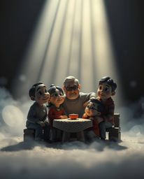 Experience a heartwarming Pixar-style family reunion sculpted from textured clay, bathed in ethereal volumetric lighting. Vis