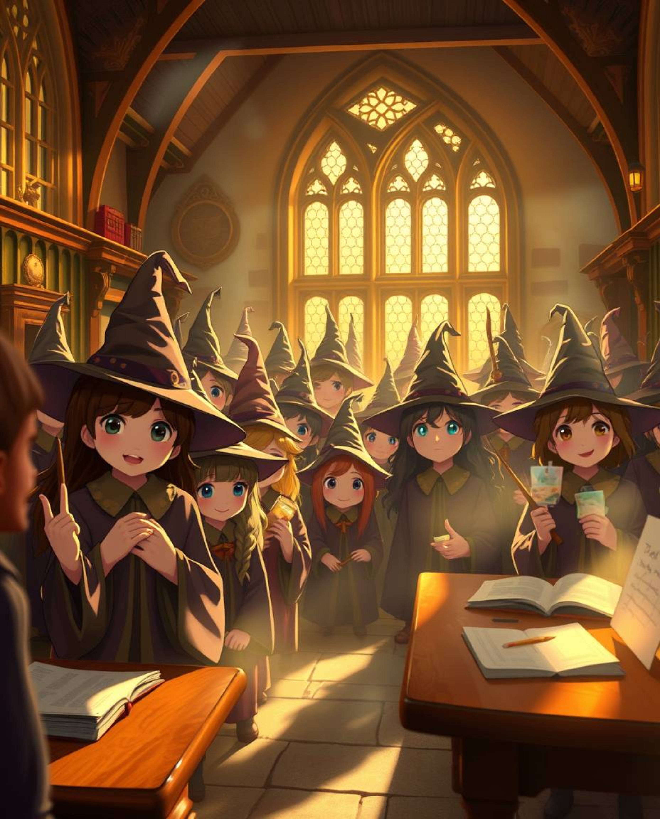 Immerse yourself in a magical school teeming with young wizards, bathed in the warm, enchanting glow of golden hour light. Th