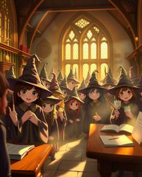 Immerse yourself in a magical school teeming with young wizards, bathed in the warm, enchanting glow of golden hour light. Th