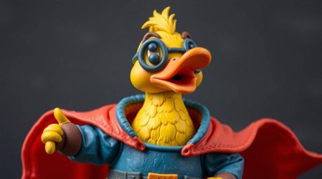 This sculptural clay artwork features an adorable duck in a zany superhero costume, rendered with charming features and a tex