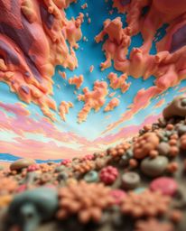 An extreme macro close-up of sculptural clay art depicts a colorful sky over a coral reef at low tide. This piece emphasizes 