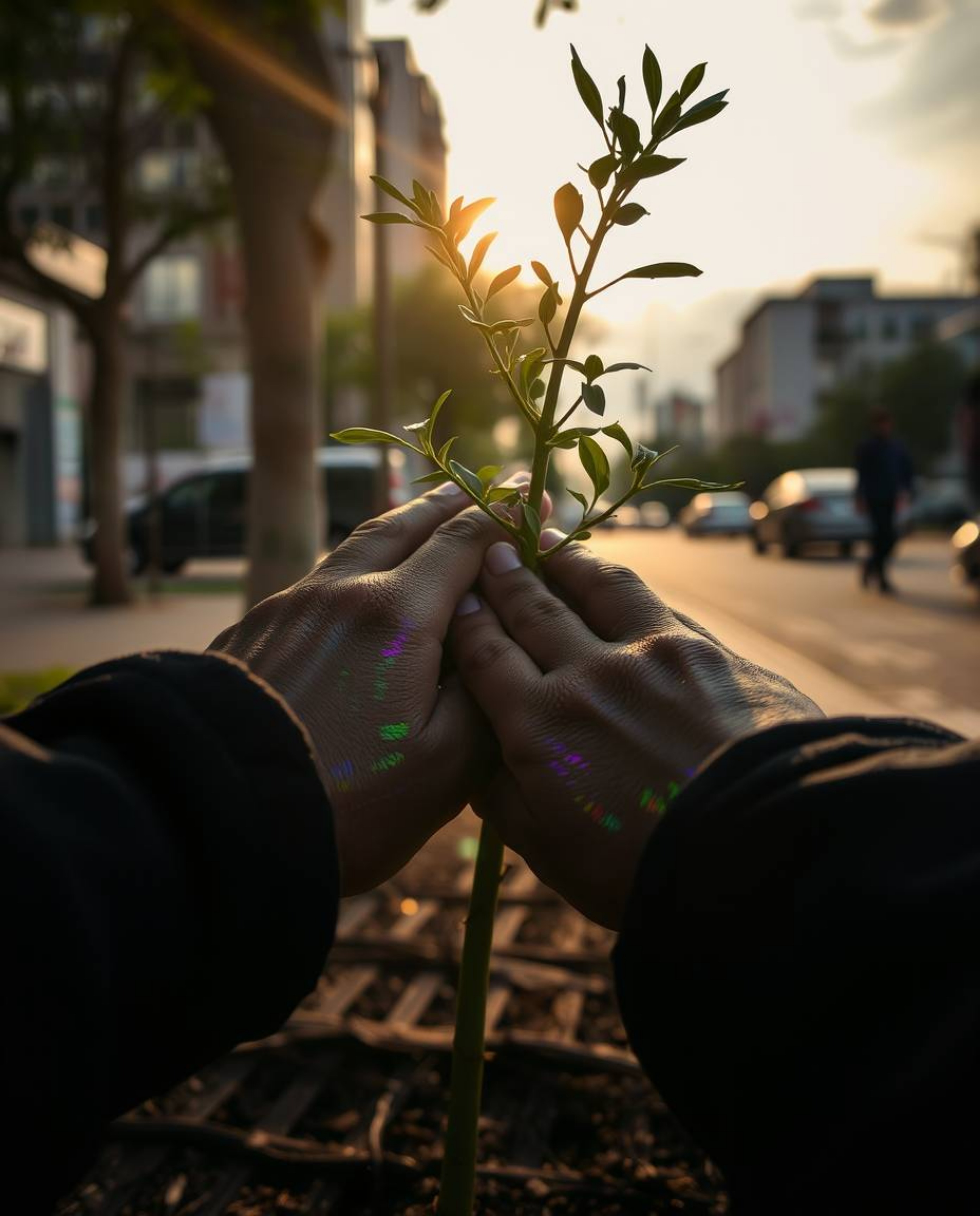 A candid street photography moment captures the iridescent colors reflecting on hands planting a tree, bathed in the warm glo