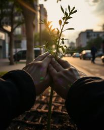 A candid street photography moment captures the iridescent colors reflecting on hands planting a tree, bathed in the warm glo