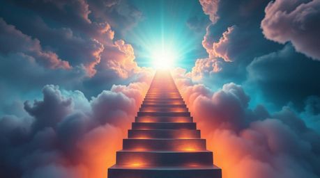This artwork portrays a surreal stairway, bathed in glowing bioluminescent colors, ascending through smoky clouds toward a ra