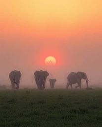 This photograph captures a serene yet mysterious scene of elephants walking across a field at sunset, completely enveloped in