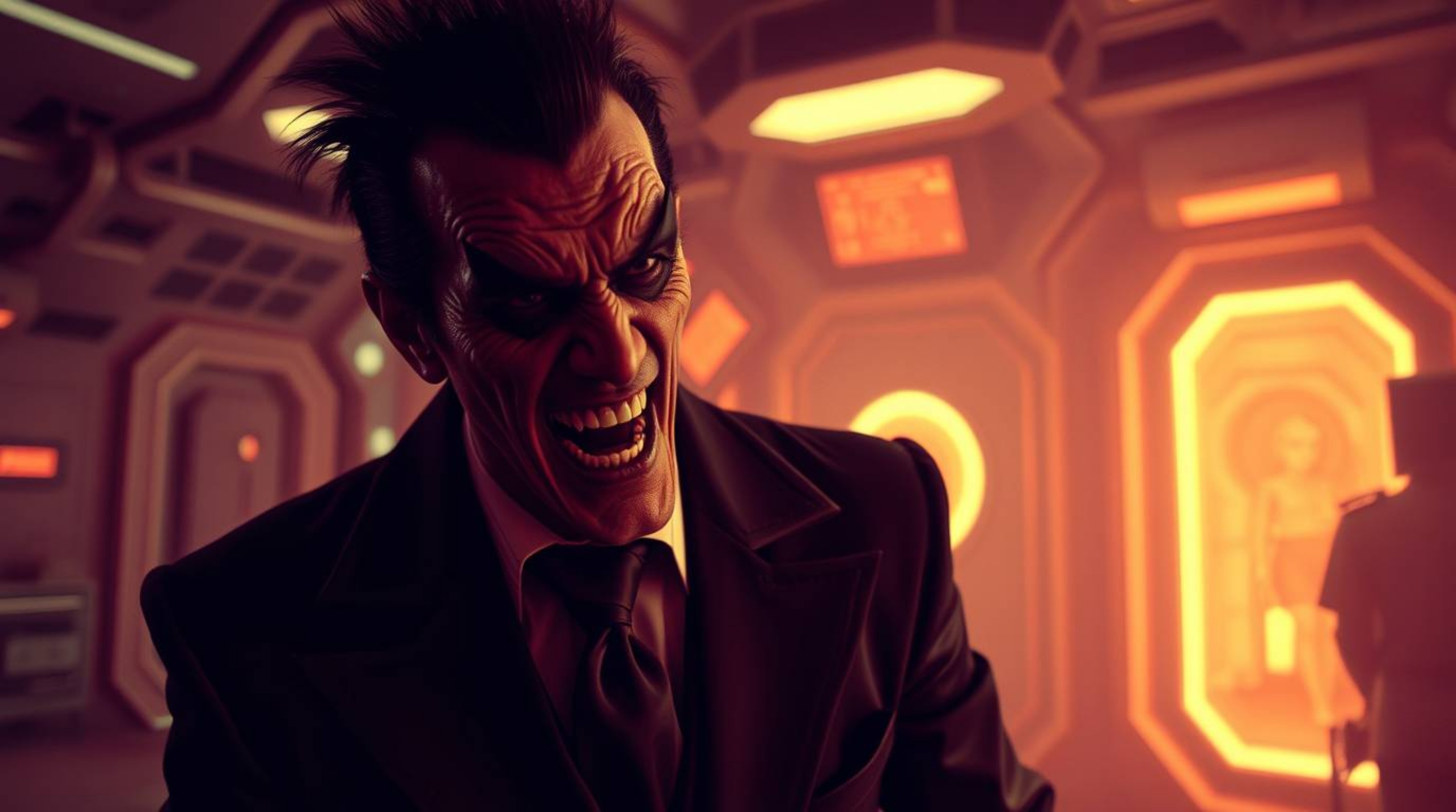 Witness a hilarious meltdown of a villain with a distorted, infrared-filtered appearance in a high-tech lair. This surreal sc