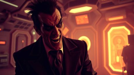 Witness a hilarious meltdown of a villain with a distorted, infrared-filtered appearance in a high-tech lair. This surreal sc