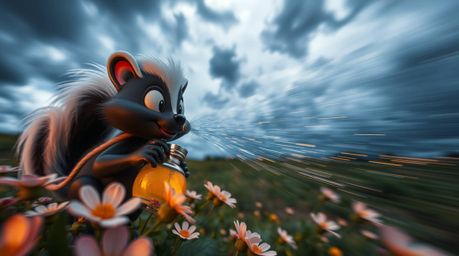 An extreme macro close-up photograph featuring a cartoon skunk spraying perfume onto flowers, capturing the essence of motion