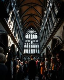 Discover a captivating low-angle perspective of a magical school brimming with young wizards.  The strong, hard light creates