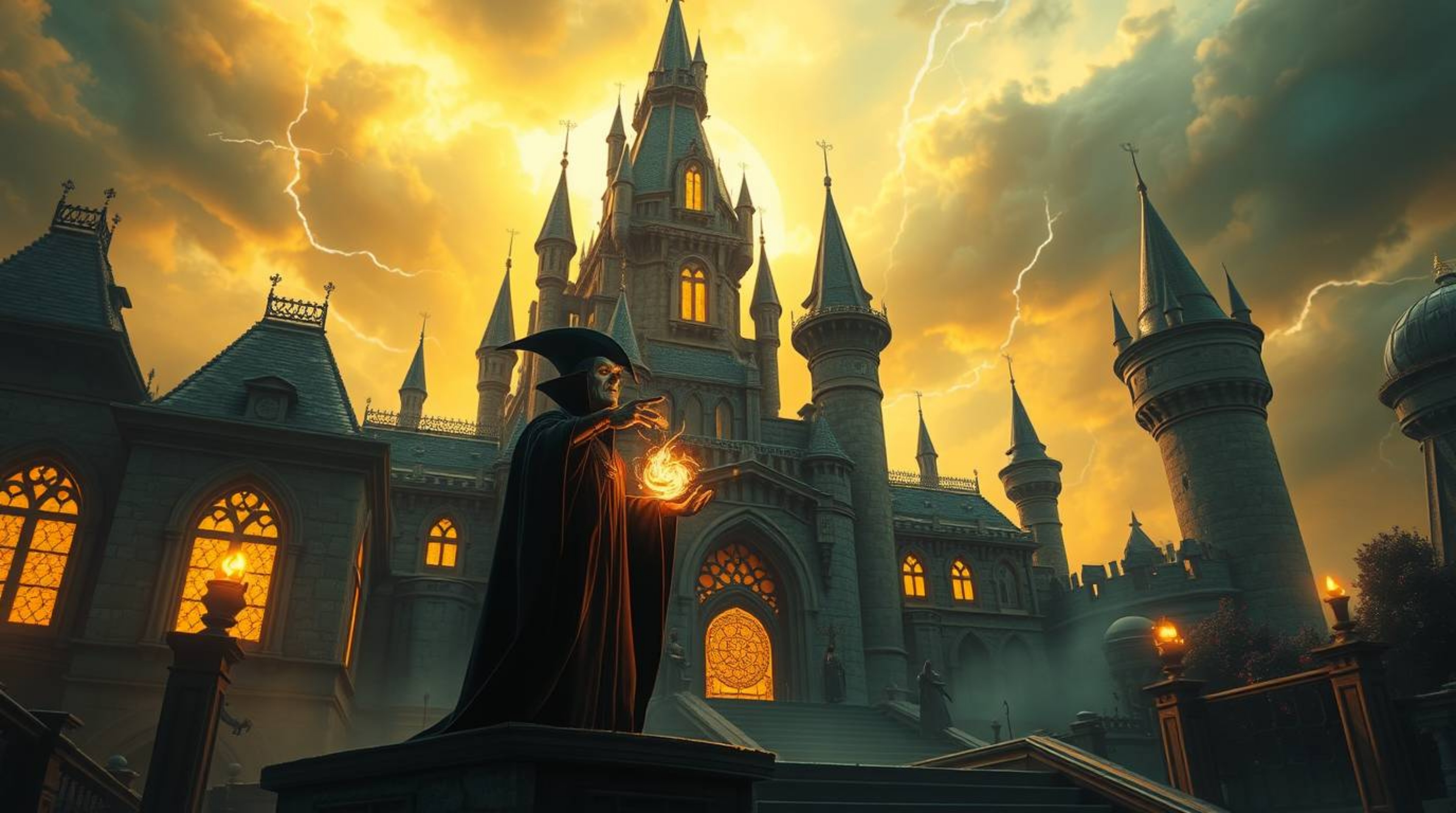 A classic Disney villain casting a spell within the aged walls of an old castle is reimagined in a futuristic sci-fi style.