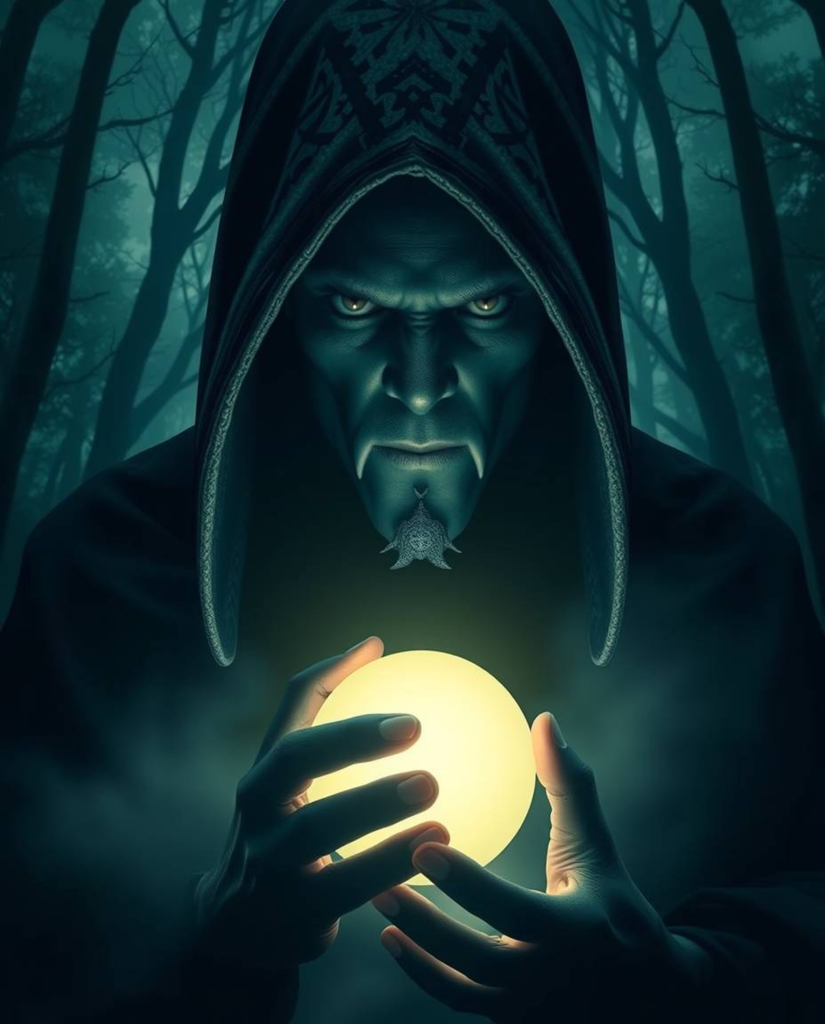 A captivating low-angle perspective showcases a mysterious cloaked figure with a sharp jawline and dark skin, holding a radia