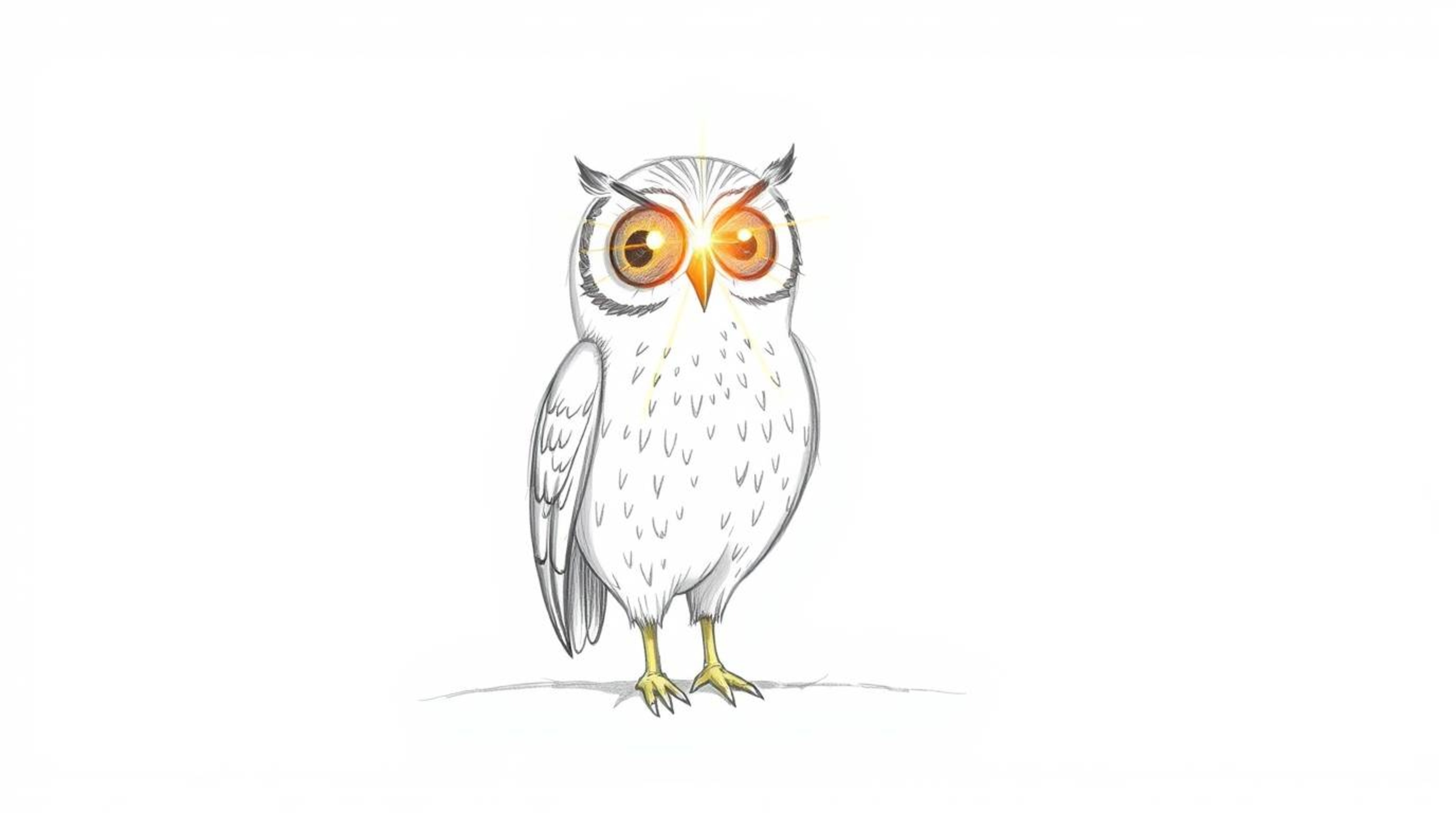 This captivating image depicts a Pixar-style hand-drawn sketch featuring a blind owl with luminous plumage, bathed in a sunbe