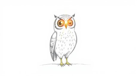 This captivating image depicts a Pixar-style hand-drawn sketch featuring a blind owl with luminous plumage, bathed in a sunbe