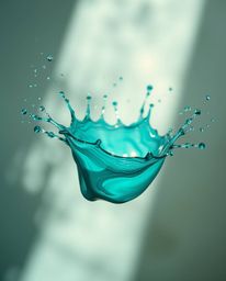 Experience the captivating beauty of a rich teal paint splash suspended in time. This high-speed photograph freezes a dynamic
