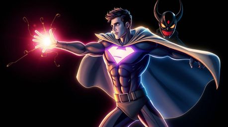 A bioluminescent superhero with a cape gracefully engages in combat with a silly villain, showcasing refined features and a v