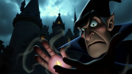 A captivating close-up shot of a classic Disney villain casting a spell within the aged walls of an old castle.  Stormy skies
