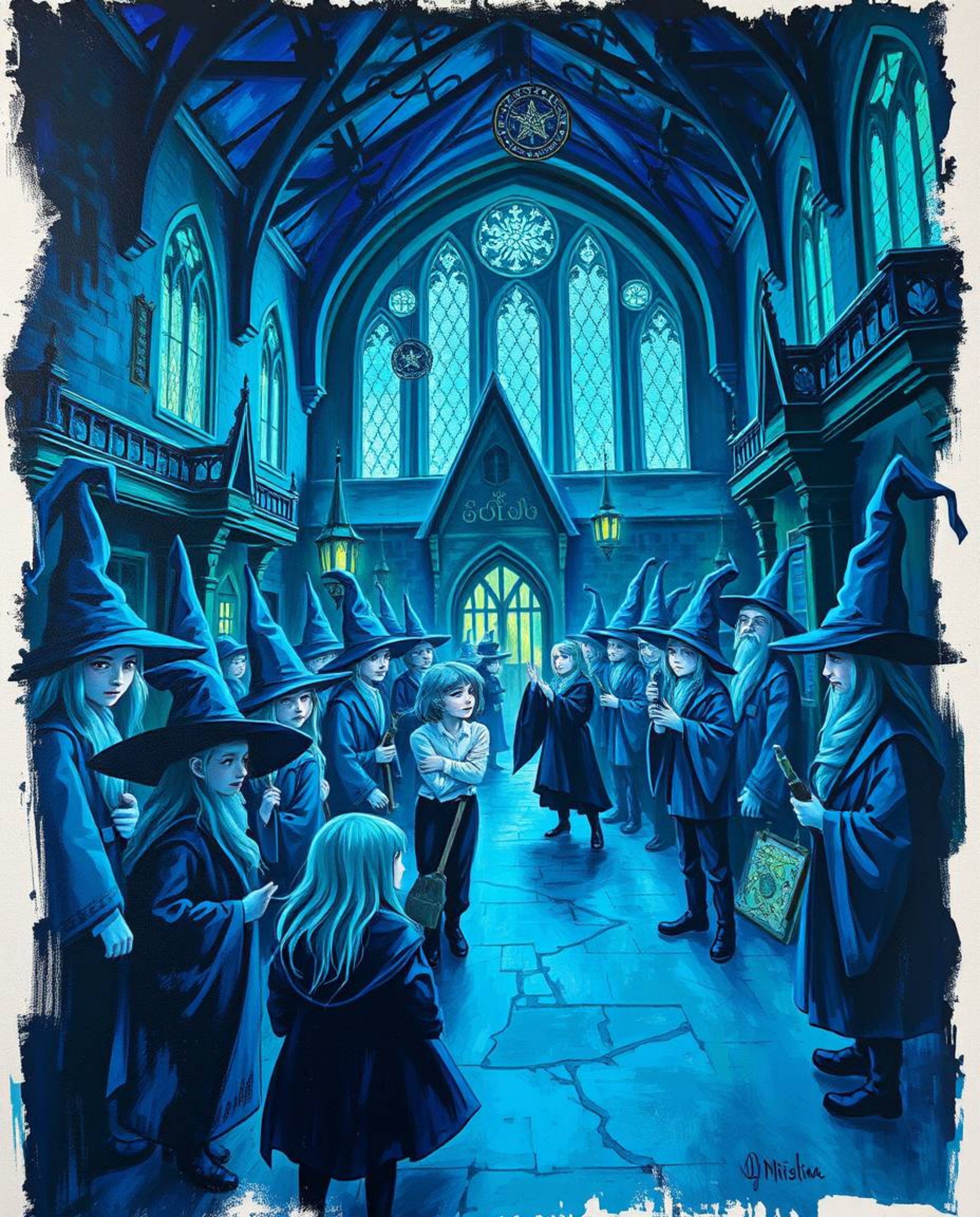 Immerse yourself in a magical school brimming with young wizards, brought to life through a bold acrylic painting style. This