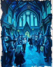 Immerse yourself in a magical school brimming with young wizards, brought to life through a bold acrylic painting style. This