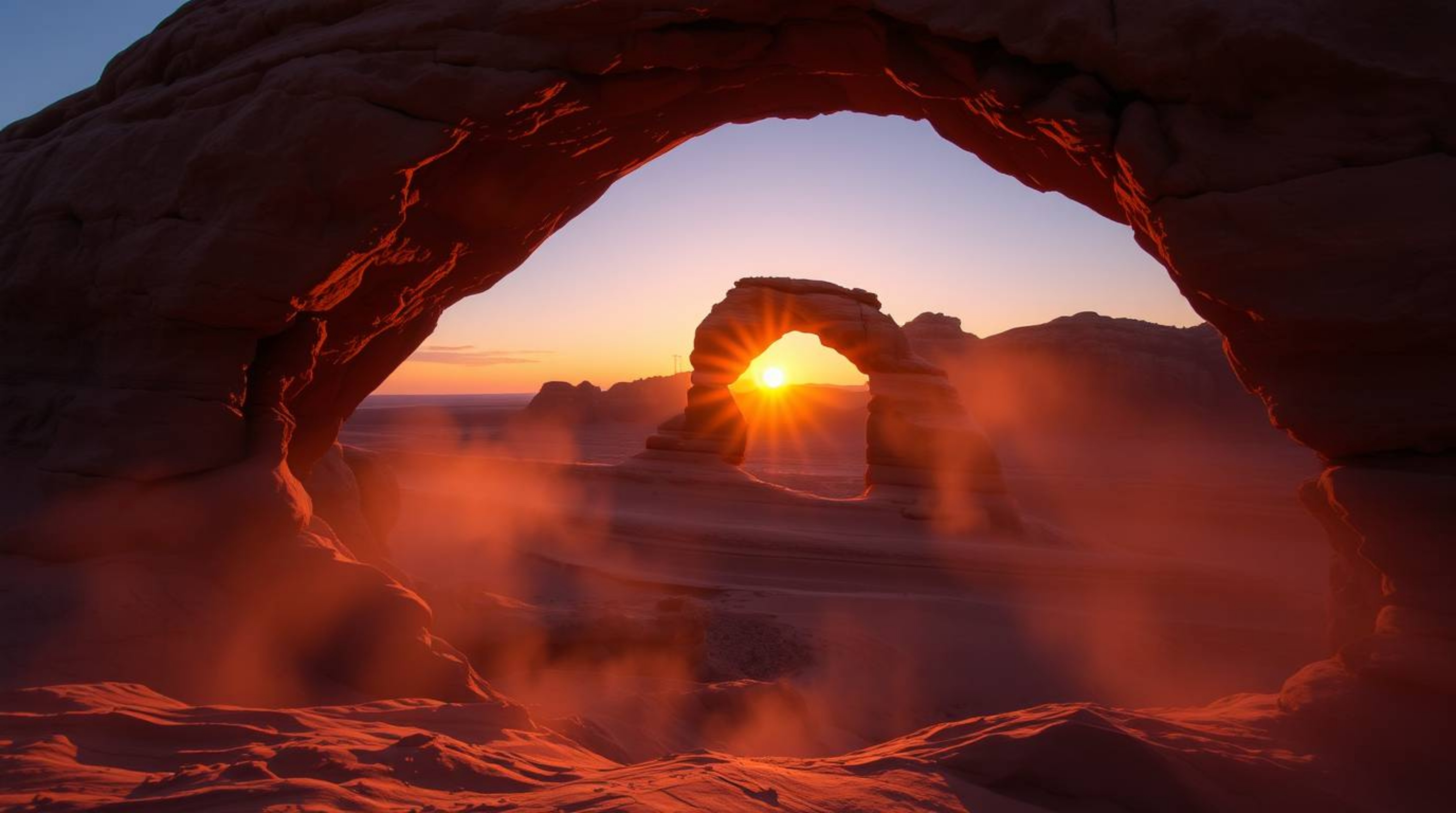 Experience the breathtaking beauty of a desert sunset viewed through a natural rock arch, captured with stunning volumetric l