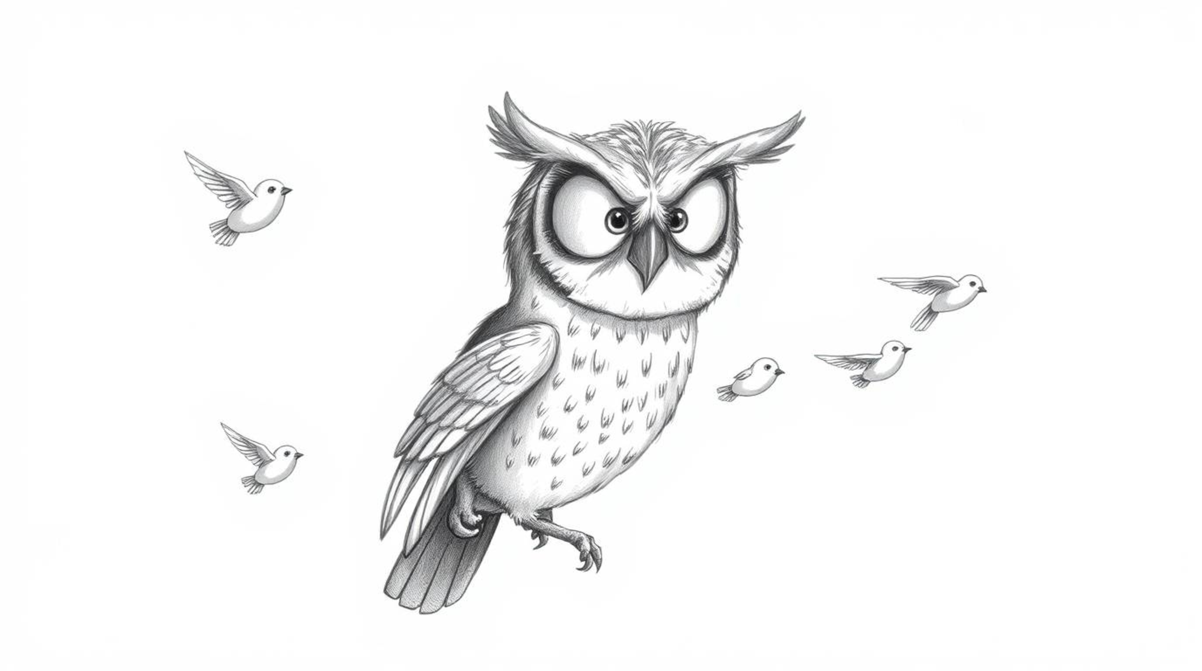 A heartwarming Pixar-style hand-drawn sketch depicts a blind owl with meticulously detailed feathers patiently guiding a grou