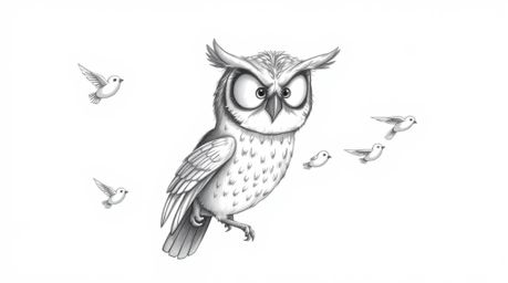 A heartwarming Pixar-style hand-drawn sketch depicts a blind owl with meticulously detailed feathers patiently guiding a grou