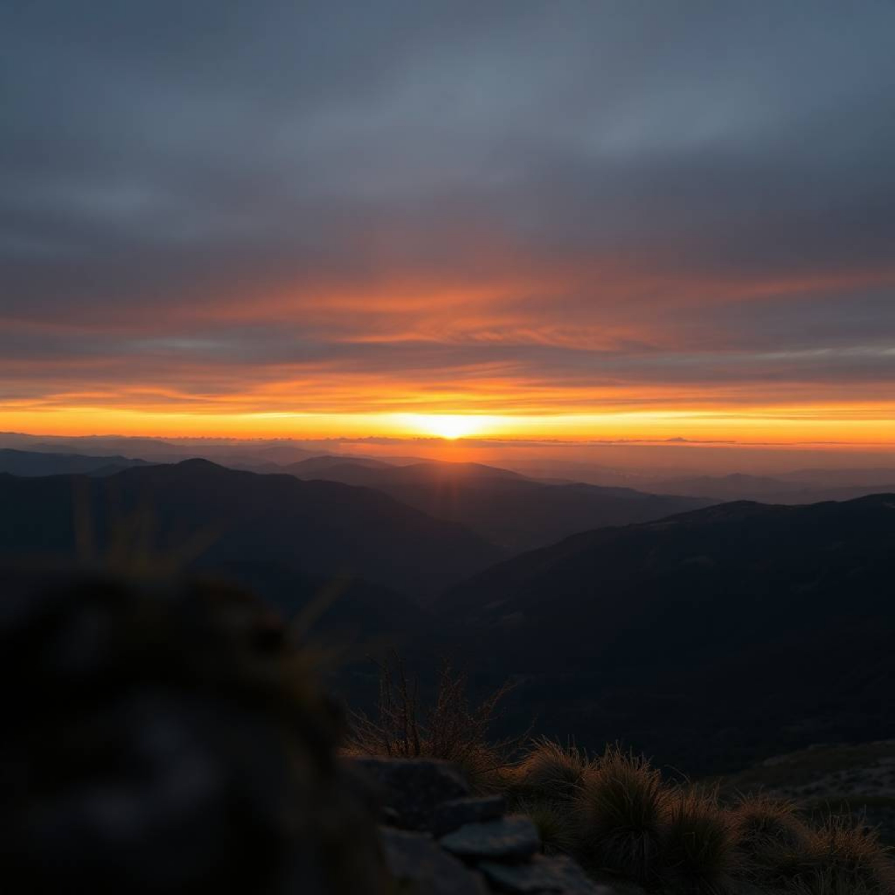 This digital photograph captures an extreme macro close-up of a breathtaking sunset over a serene mountain valley. The image 