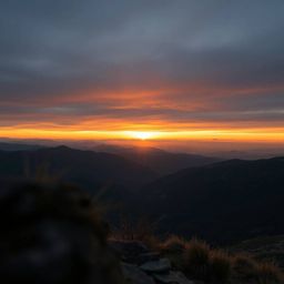 This digital photograph captures an extreme macro close-up of a breathtaking sunset over a serene mountain valley. The image 