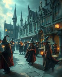 Discover a captivating surreal dreamscape depicting a magical school brimming with young wizards.  Gentle color contrasts and