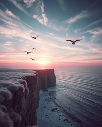 A surreal piece of infrared artwork captures a sunset over a coastal cliff with soaring birds. The scene is illuminated by cr