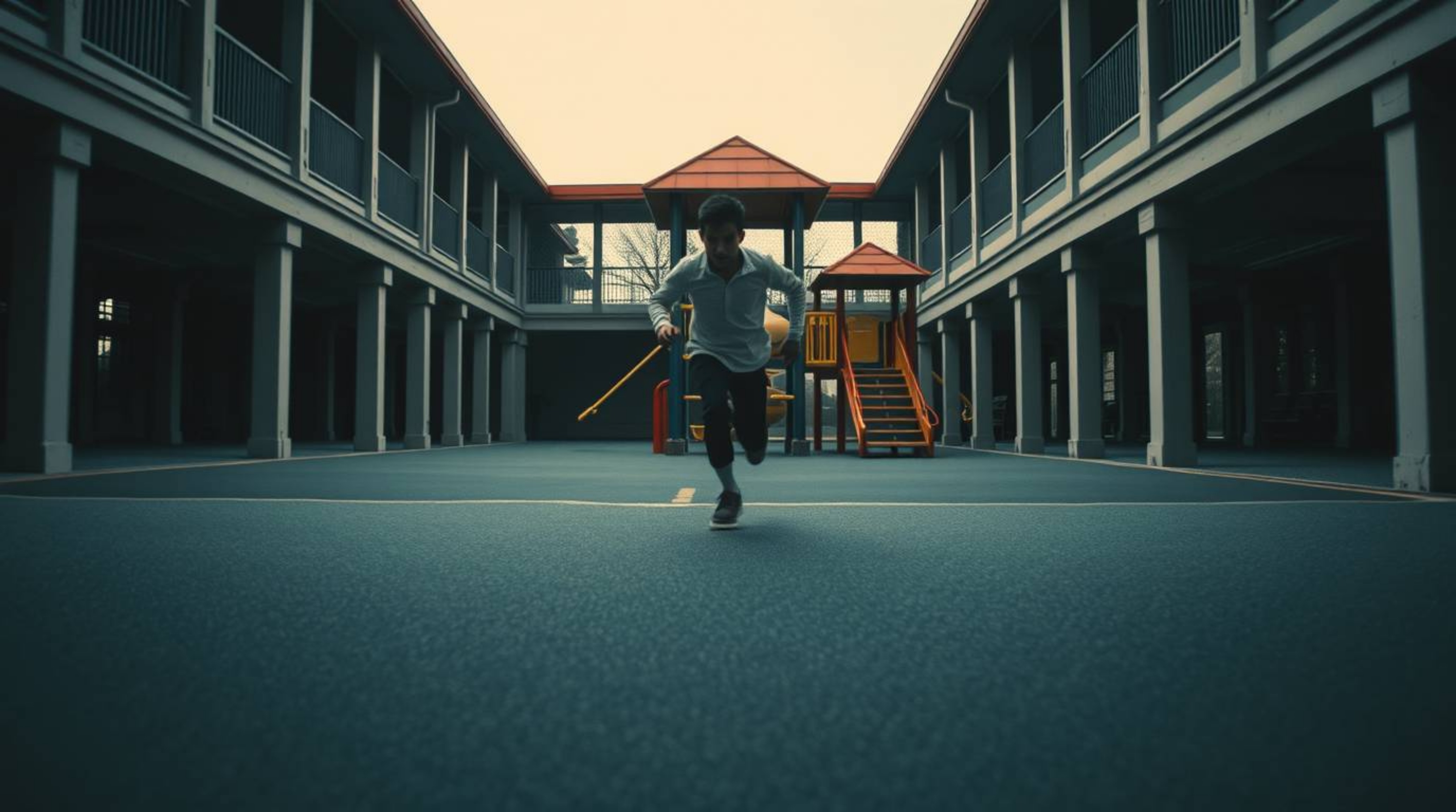 This collection features precise architectural color photographs capturing a dramatic slow-motion run through a playground. E
