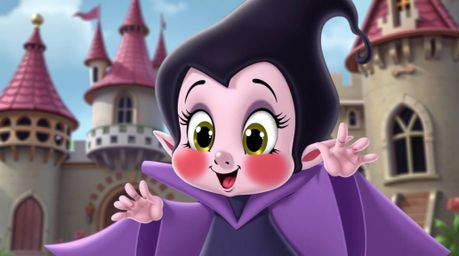 A charming classic Disney villain with adorable large eyes and rosy cheeks is casting a spell inside a whimsical old castle. 