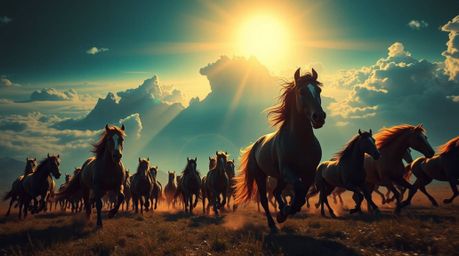 A breathtaking, futuristic artwork depicts a majestic herd of wild horses thundering across a landscape under a vibrant, glow