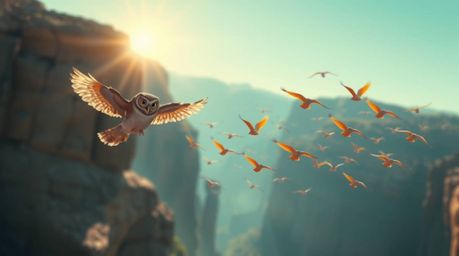 A visually stunning long-exposure image depicting a blind owl, rendered in the style of Pixar animation, leading a flock of b