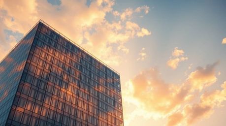 A modern glass building seamlessly merges with the soft hues of a sunrise sky, its structure dissolving into the clouds. Bath