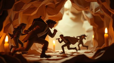 Immerse yourself in a captivating chase scene brought to life with layered papier-mâché, bathed in the warm glow of candlelig