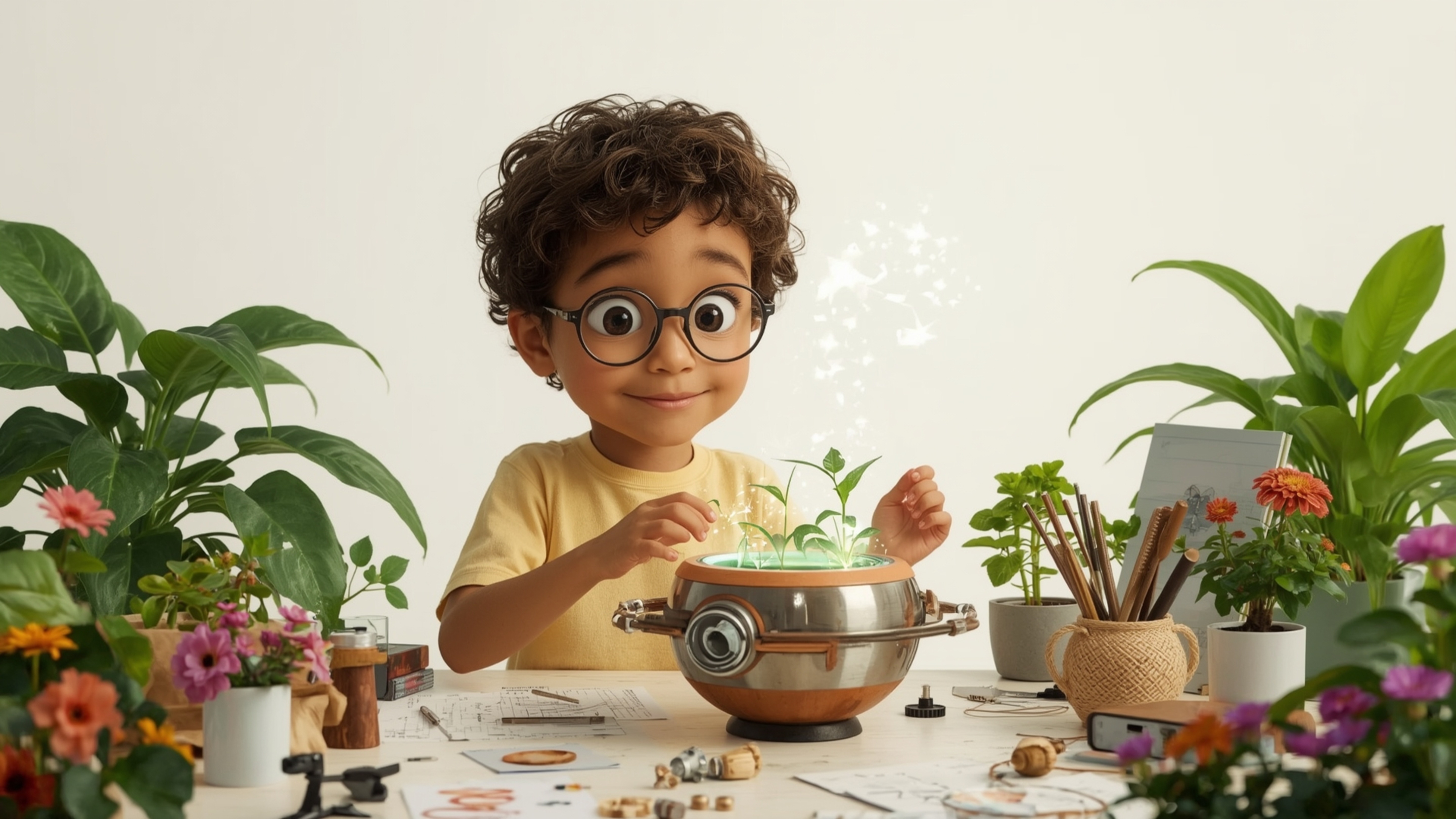 A highly detailed, high-resolution stock photo features a bright-eyed, bespectacled young genius with a Pixar-inspired charac