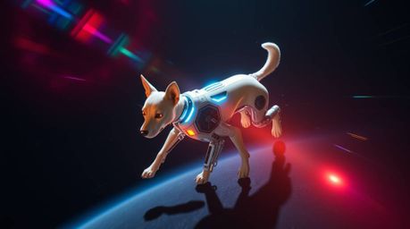Witness a breathtaking high-angle perspective of a futuristic dog autonomously walking in the vast expanse of space.  Bright 